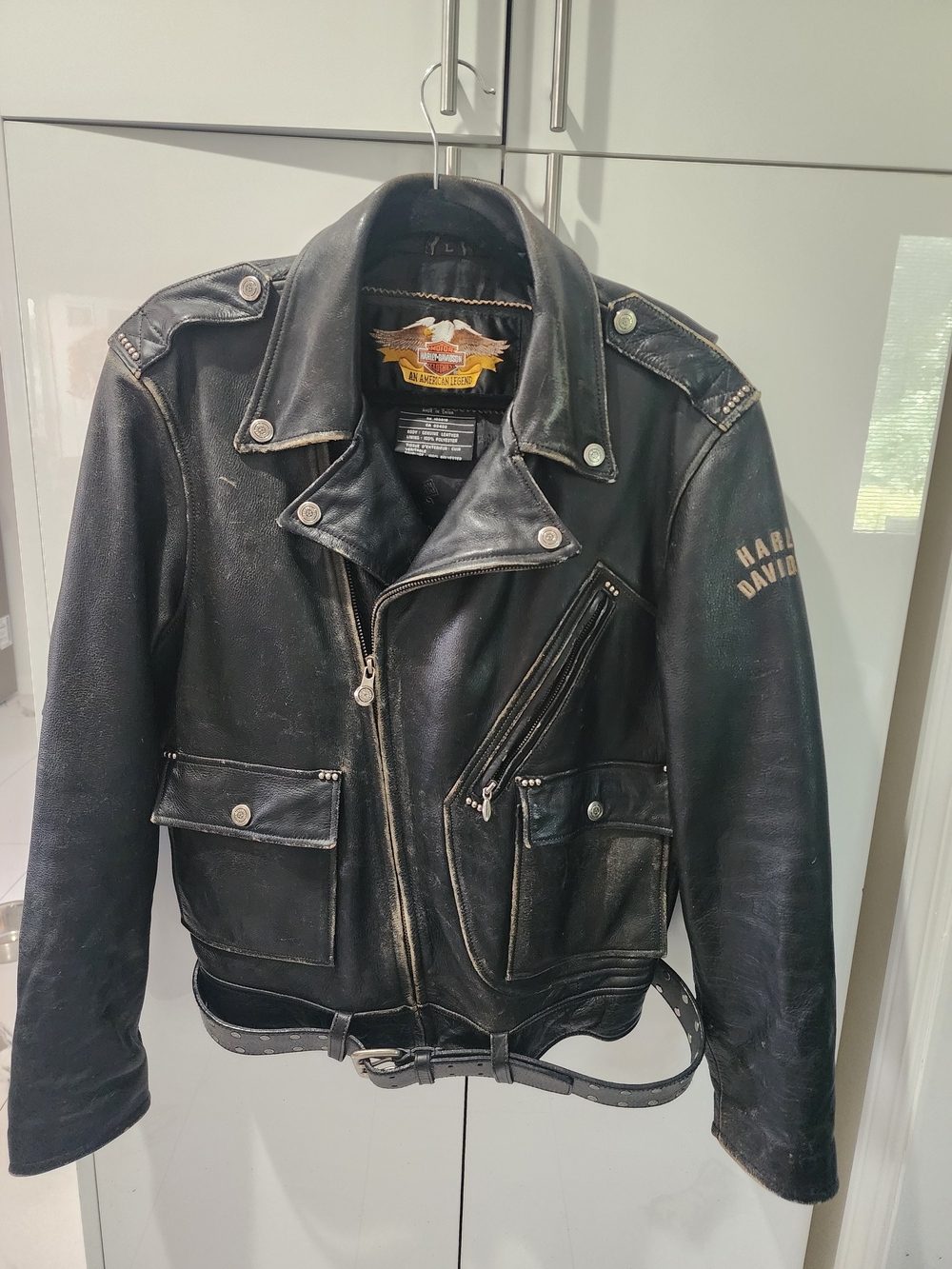 Rare 2003 Harley-Davidson Men’s Black Leather Motorcycle Jacket With Belt